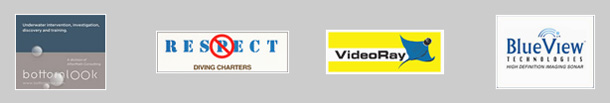 logos from Bottom Look, No Respect diving charters, Video Ray, and Blue View technologies